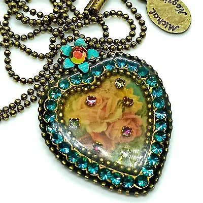 Michal Negrin Necklace Heart Pendant Roses Turquoise Blue Crystals Long Gift New • $55.20