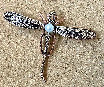Vintage Style Dragonfly Brooch Pin Rose Gold Tone Metal Rhinestones Pearls • $10.50
