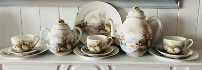 ANTIQUE JAPANESE KUTANI EGGSHELL PORCELAIN 12 Pc TEA SET HAND PAINTED QUAIL BIRD • £19.99