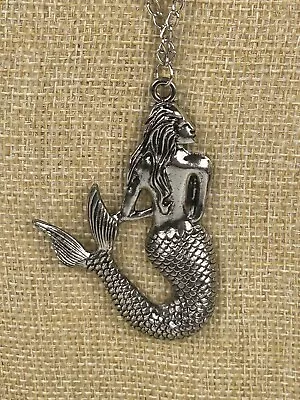 Antiqued Mermaid Pendant Womens Necklace Silver Tone Over The Head Jewelry • $4.89