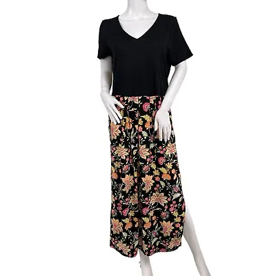 J Jill Black Floral Short Sleeve V Neck Pleated Maxi Dress With Pockets Sz Large • $24.98