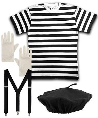 Children's French Mime Artist T Shirt Beret Braces Gloves Fancy Dress Costume • £15.95