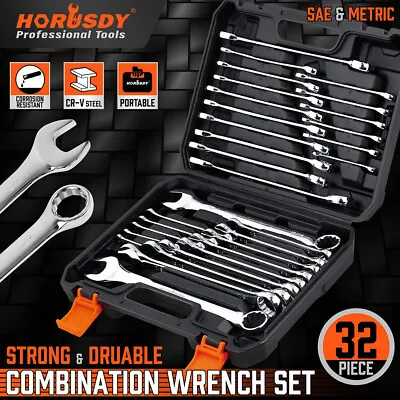 32PC Combination Wrench Spnner Set SAE Metric 1/4-1  & 7-22mm 12 Point With Case • $59.99