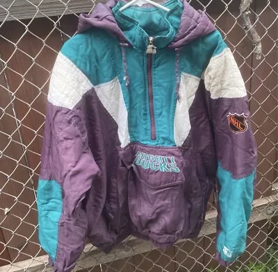 VTG 90s Disney Anaheim Mighty Ducks Jacket NHL Starter Large 1/2 Zip Pullover • $250