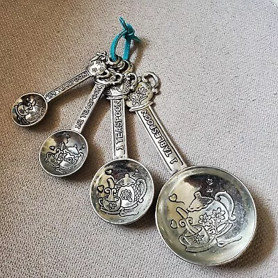 4 Pc Tea Cup Measuring Spoons Tea Cups Hearts Design Silver Tone • $15