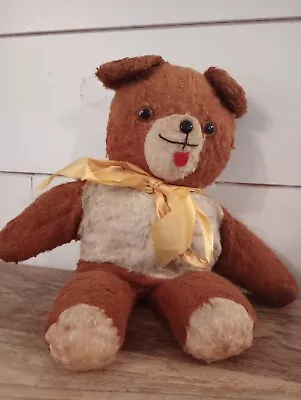 Vintage  Brown Teddy Bear Very Loved Teddy Bear 15   Yellow Bow Glass Eyes 50s • $30