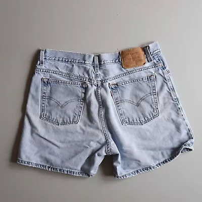 Vintage Levis Jean Shorts 555 Guys Fit Womens 14 Measure 34 Distressed Faded • $75