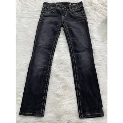 Miss Me Skinny Jeans Sz 27 Flap Pocket Black Denim Stretch Bling Studded • $52.99