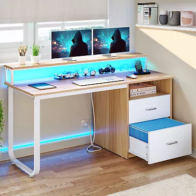 47/55 Inch Home Office Desk With File Drawer LED Computer Desk W/ Power Outlets • $129.99