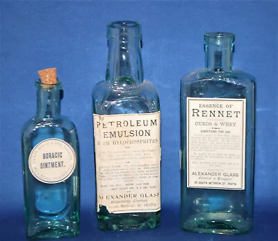 £29 • Buy Three 19th Century Green Glass Apothecary Bottles, Paper Labels, Various