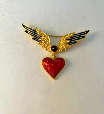 HMR Heritage Museum Enamel Heart Wings Brooch Pin Pendant 24K Gold Plate • $19.99
