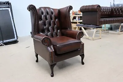 Chesterfield Queen Anne High Back Wing Chair Real Leather Antique Brown • £502.99