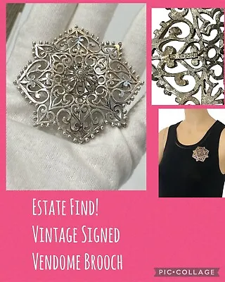 Large Vintage Signed VENDOME Silver Tone Detailed Star With Hearts Brooch • $55