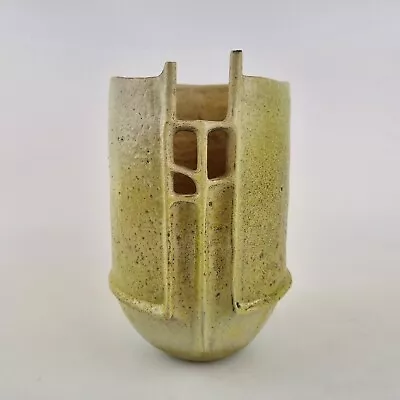 Unmarked Studio Pottery Vase Unusual Design 16cm High Yellow  Style Glaze • £95