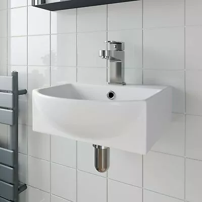 Bathroom Wall Hung Basin Hand Wash Sink 1 Tap Hole White Gloss Cloakroom Modern • £49.97