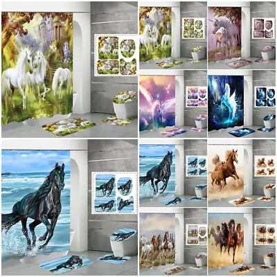 Unicorn Horse 3D Bathroom Set Waterproof Shower Curtain Bath Toilet Lid Cover • $44.55