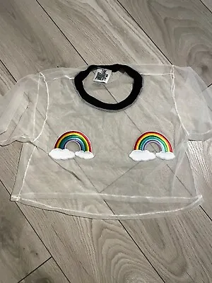 The Ragged Priest White Sheer Mesh Net Crop Tshirt Top Pride Rainbow M L 10 12 • £20