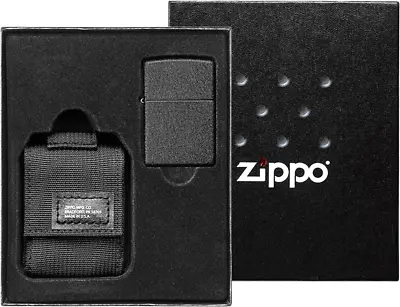 Zippo Original Lighter Regular/Black Crackle Black Pouch / Gift Set • £81.05
