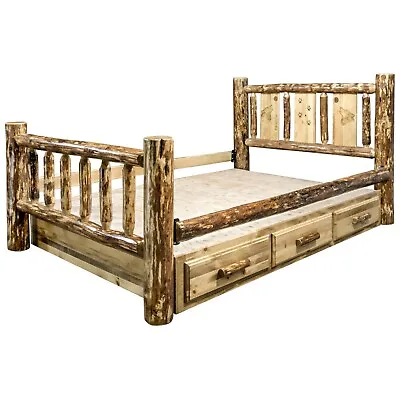 Unique Western Log STORAGE Bed With Drawers KING SIZE Laser Carvings Bear Deer  • $2649.57