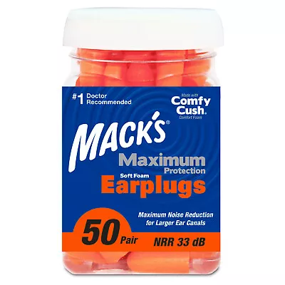 Mack’s Maximum Protection Soft Foam Earplugs – 50 Pair 33 DB Highest NRR • £16.95