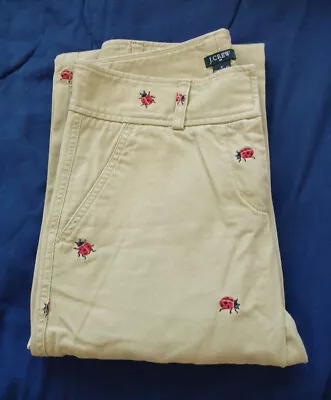 J Crew Light Green Favorite Fit Pants W Embroidered Lady Bugs Sz 2 Flat Front • $11