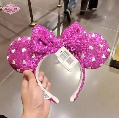 Valentines Disney Parks Ears White Heart Pink Sequin Mickey Mouse Headband US • $17.89