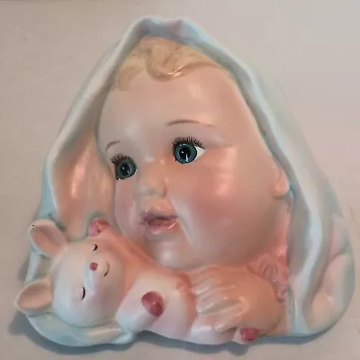 Vintage Ucagco Baby W/Bunny Wall Plaque Pristine Japan Ceramic 1960's • $50