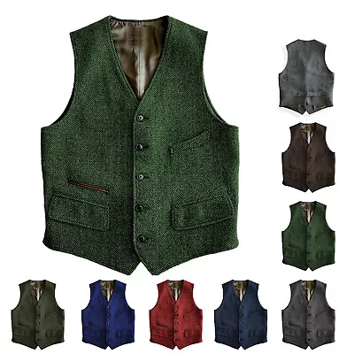 Mens Vintage Cowboy Tweed Waistcoat Vests Herringbone Retro Formal Wedding Vest • $29.68