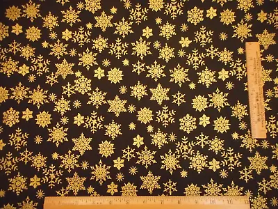 Christmas Fabric By Half-Yard Metallic Gold Snowflakes Black Premium Cotton BH10 • $4.46