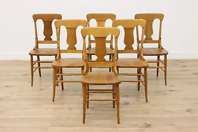 Set Of 6 Farmhouse Antique Solid Oak Dining Chairs #47116 • $1800