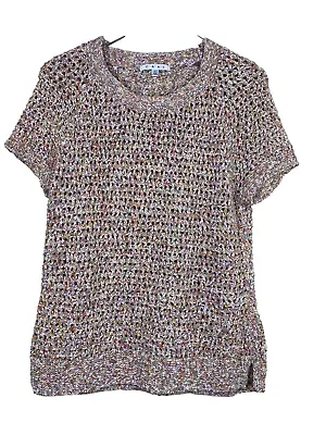 CAbi Crochet Cotton Knit Short Sleeve Top Side Slits Size L Neutral Multi Colors • $7.48