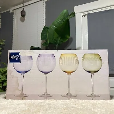 Set Of 4 Mikasa Cheers Pastel Blown Glass Etched Balloon Wine Glasses • $80