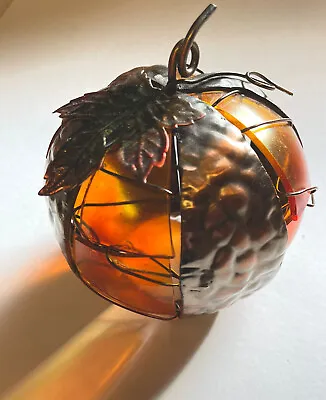 $12.95 • Buy Pumpkin Candle Cover Hammered Metal Wire & Leaf Orange Panels Stained Glass Look