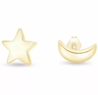 Tiny Crescent Moon Star Ear Stud Earrings 14K Gold Over Sterling Silver Gift A3 • $7.95