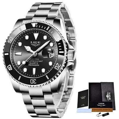 Lige Men's Silver Black Stainless Steel Luxury Watch Analogue Quartz Waterproof • £19.99