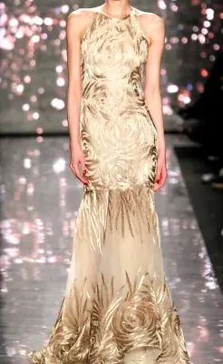 Naeem Khan Runway Embroidered Tulle Gold Ivory Long Gown Evening Dress US 0 2 • $1211.83