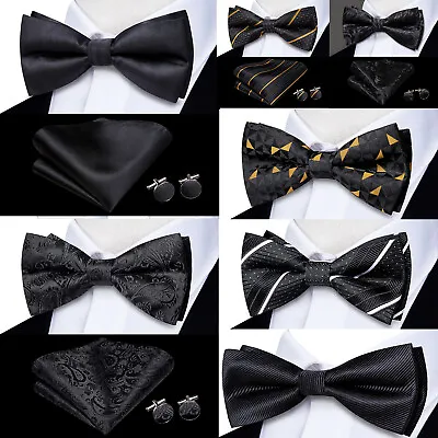 USA Gold Paisley Mens Silk Bow Tie Cufflinks Hanky Set Wedding Prom Party Set • $10.99