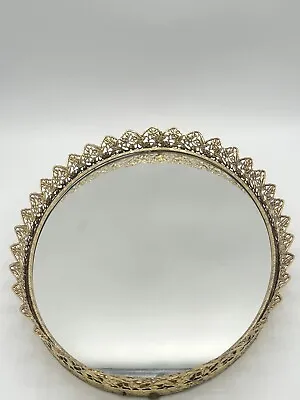Vintage Mid Century Oval Mirror Tray Perfume Vanity Dresser Gold Filigree 16.5” • $24