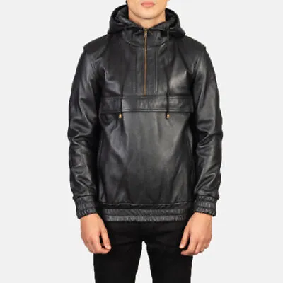 Men's Real Leather Hooded Pullover Jacket Moto Biker Jacket Casual Wear Lambskin • $149.60