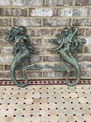 Pair Set Of 2 Large 17” Cast Iron Nautical Mermaid Plaque Wall Hanging Beach Art • $49.95