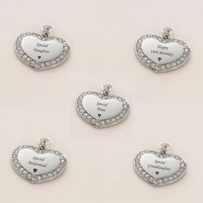 Personalised Heart Charm With Beautiful Crystals. Any Words Engraved. New! • £9.49