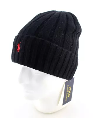 POLO RALPH LAUREN Black With Red Embroidered Pony Logo 50% Wool Cuffed Beanie • $32.99