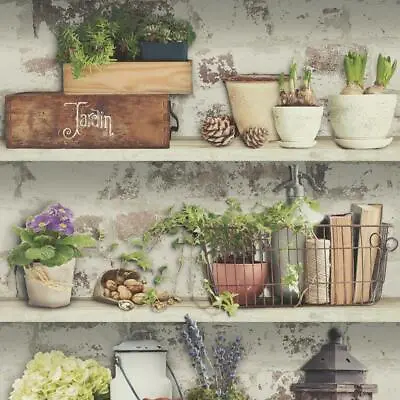 £1.99 • Buy Shades Flower Pots Wallpaper Garden Rustic Shelves Distressed Green Grey White