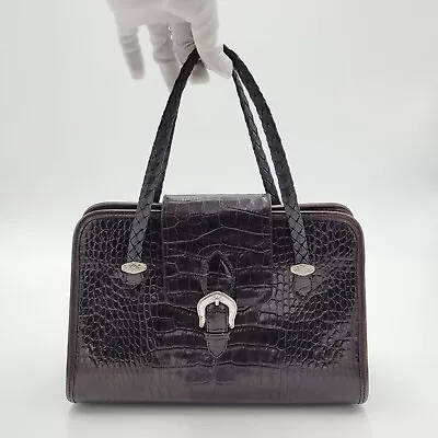 Brighton Vintage Black / Dark Brown Croc Embossed Leather Handbag Satchel Bag • $49.99