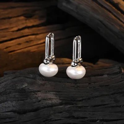 Womens Pearl Drop Earrings Womens 925 Sterling Silver U Hoop Huggie Earrings • $7.52