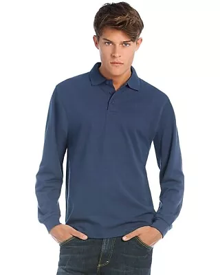 2XL New Mens Long Sleeve Polo Shirt Plain Top Casual Work Smart Leisure • £11.99