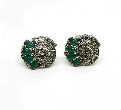 Vintage Earrings Marcasite And Green Agate Glass With Screw Backs  Deco Cluster • $19.98