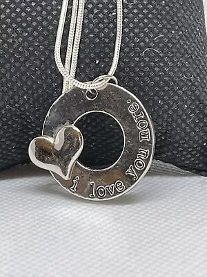 Necklace Round Pendant W Heart Silver Tone I LOVE YOU MORE Snake Chain 21  Long • $7.50