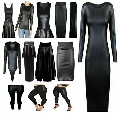 £7.99 • Buy Women Elastic Waist Black Faux Leather Leggings Wet Look PVC Stretch Tight Pant