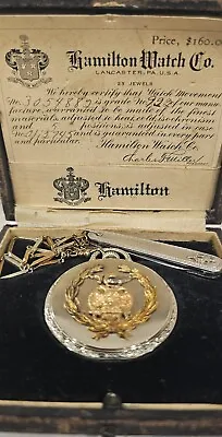 14K Gold Masonic Hamilton 23J Pocket Watch Wadsworth Case W/gold Chain &... • $4000